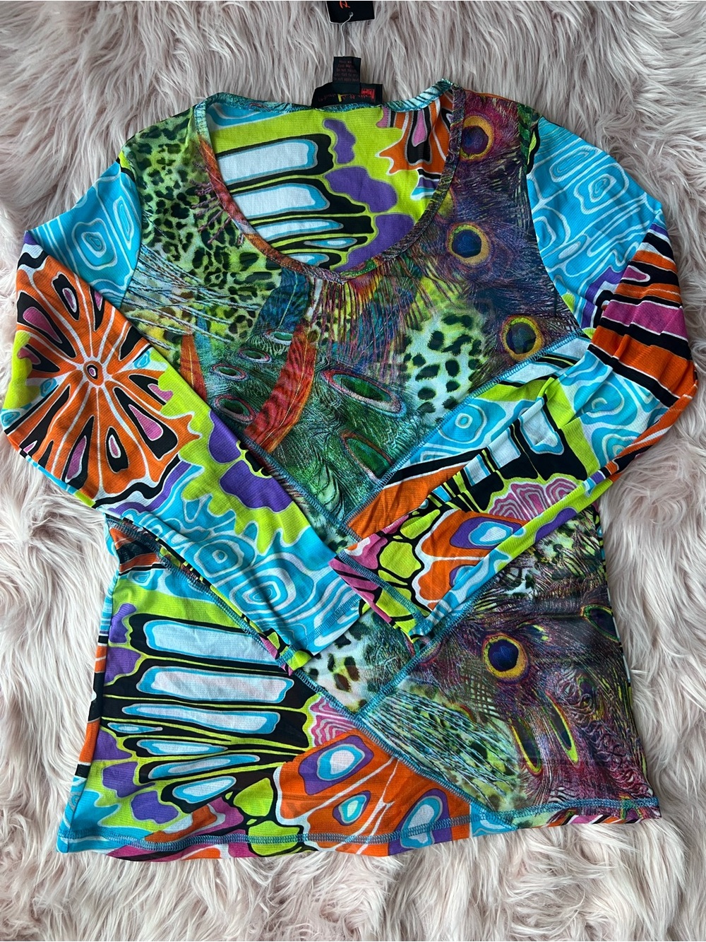 Y2K Retro Multicolor Peacock-Print Long Sleeve Women's Top Large